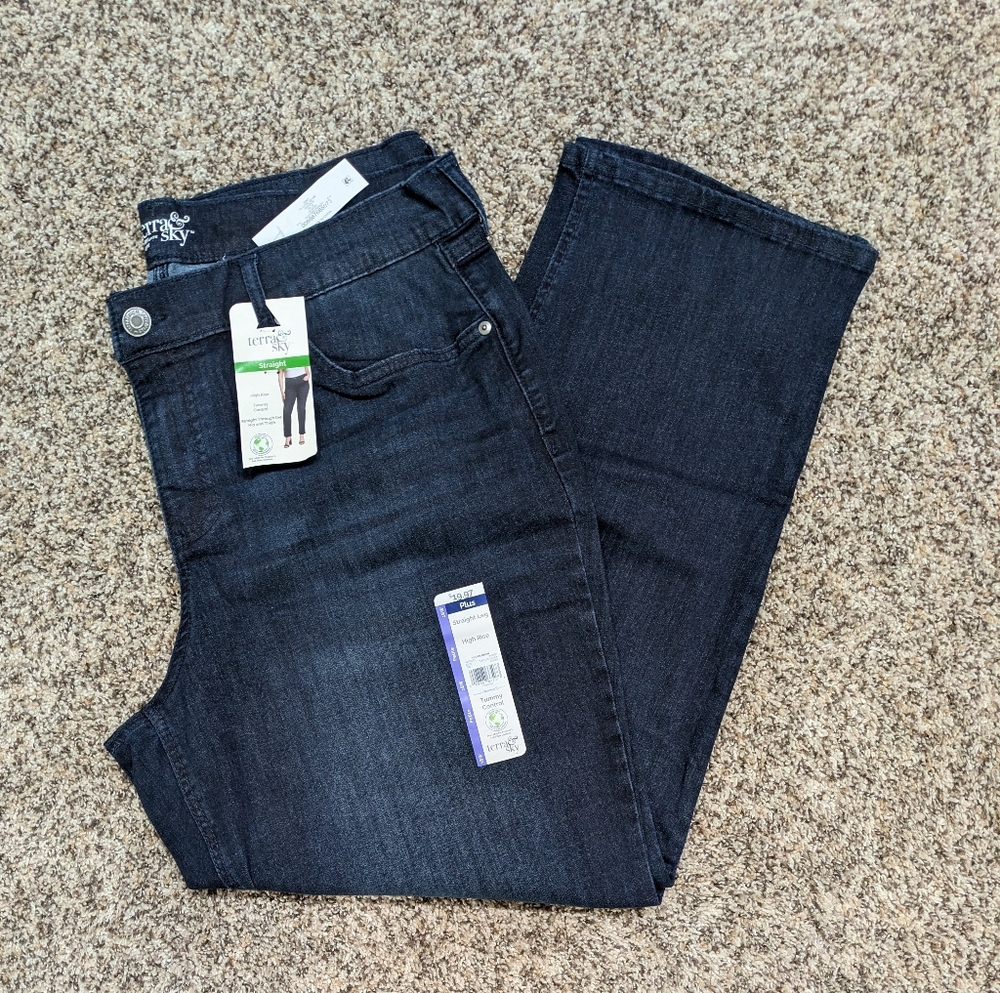 NWT Straight Leg Tummy Control Dark Blue High Rise Jeans Sz 18WP Terra & Sky